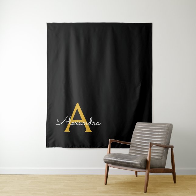 Black Gold Modern Script Girly Monogram Name Tapestry (In Situ)
