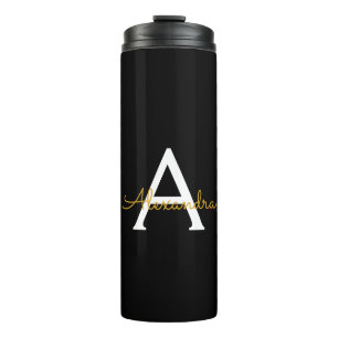 Black Gold Modern Script Girly Monogram Name Thermal Tumbler