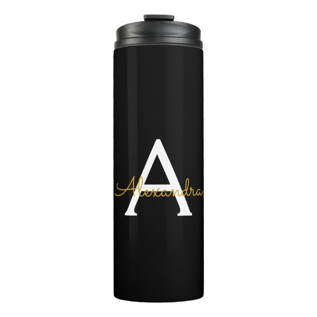 Black Gold Modern Script Girly Monogram Name Thermal Tumbler (Front)