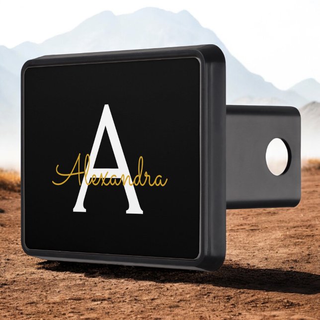 Black Gold Modern Script Girly Monogram Name Trailer Hitch Cover (Creator Uploaded)