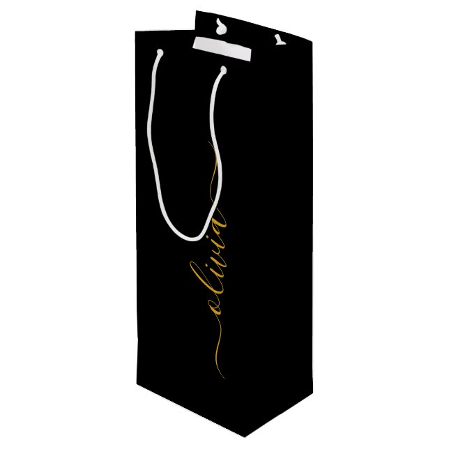 Black Gold Modern Script Girly Monogram Name Wine Gift Bag (Back Angled)