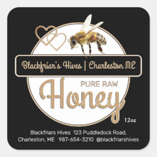 Black Gold Modern Script Honey with Honeybee Square Sticker