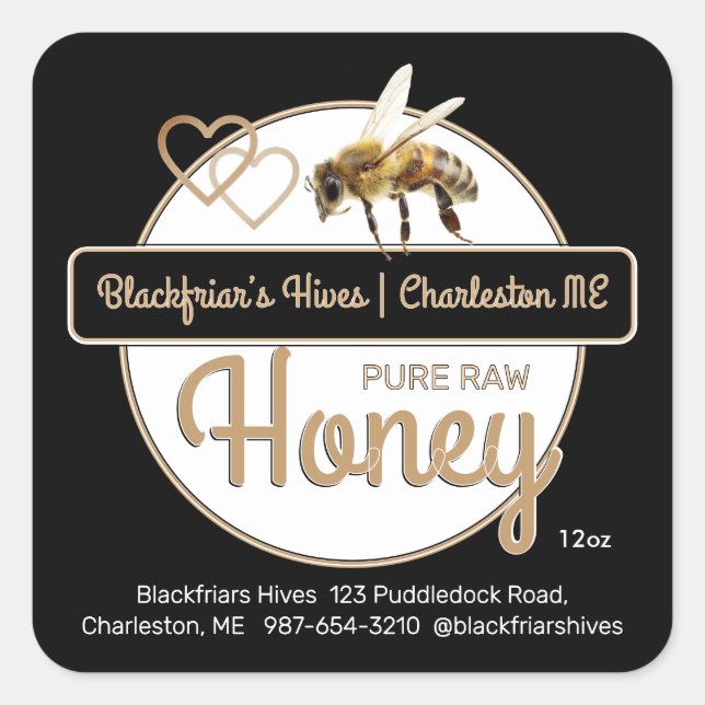 Black Gold Modern Script Honey with Honeybee Square Sticker (Front)