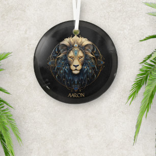 Black Gold Modern Script Lion Star Sign Leo Glass Ornament