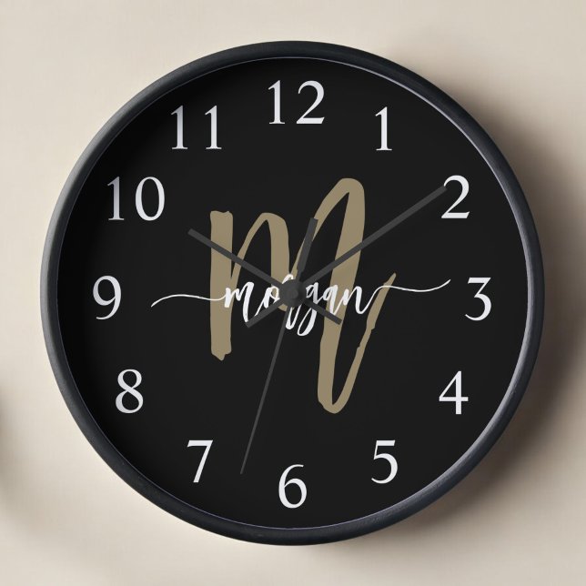 Black Gold Modern Script Monogram Name  Clock (Creator Uploaded)