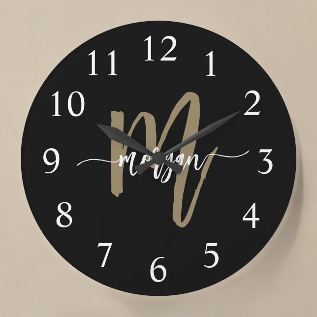 Black Gold Modern Script Monogram Name  Large Clock (Creator Uploaded)