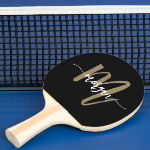 Black Gold Modern Script Monogram Name Ping Pong Paddle