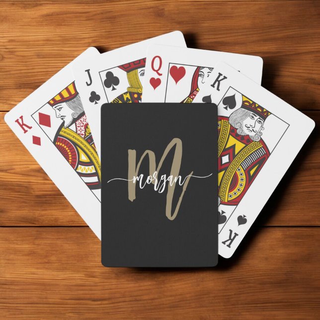 Black Gold Modern Script Monogram Name Playing Cards (Creator Uploaded)
