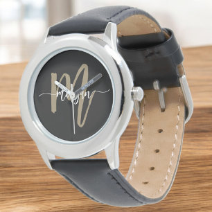 Black Gold Modern Script Monogram Name Watch