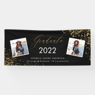 Black + gold modern script multi photo graduation banner