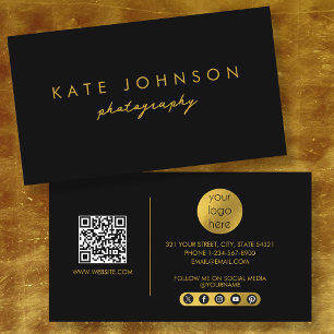 Black Gold Modern Script QR Code Social Media B Business Card