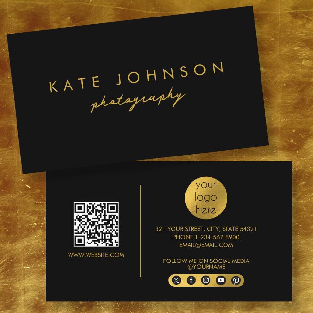 Black Gold Modern Script QR Code Social Media  B Business Card (Black Gold Modern Script QR Code Social Media B Business Card)