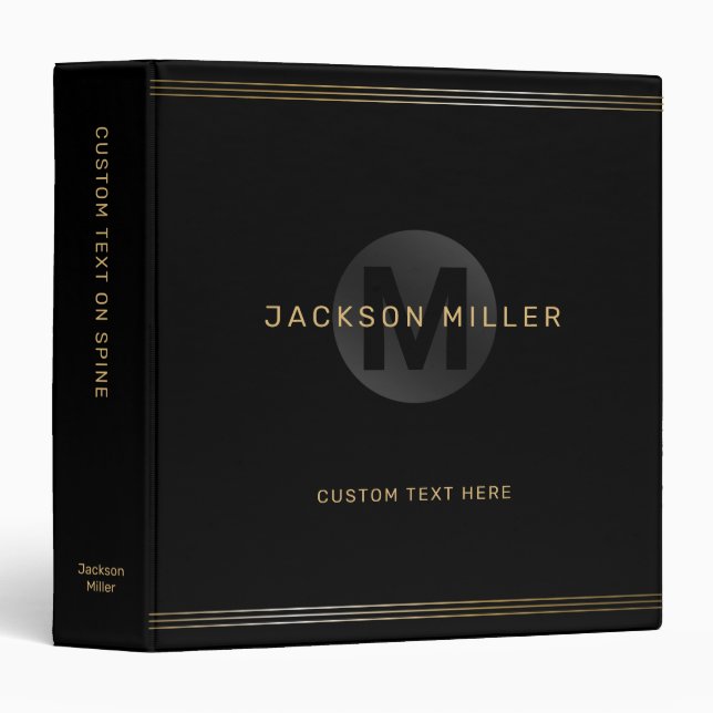 Black & gold modern simple personalized monogram binder (Front/Spine)