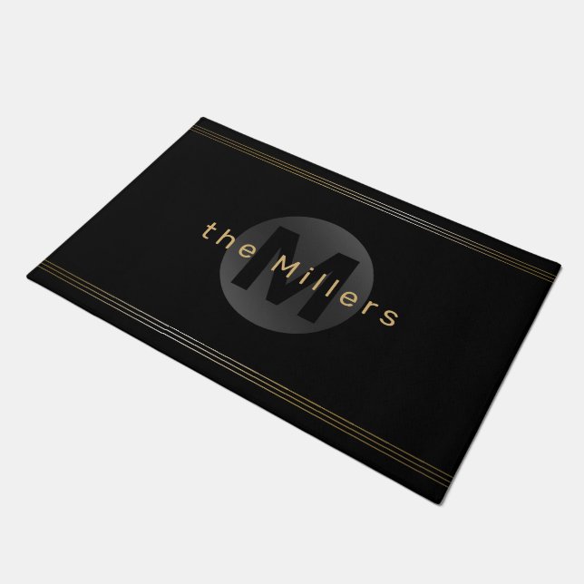 Black & gold modern simple personalized monogram doormat (Angled)