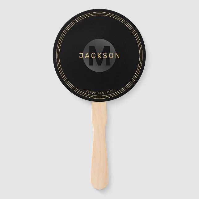 Black & gold modern simple personalized monogram hand fan (Front)