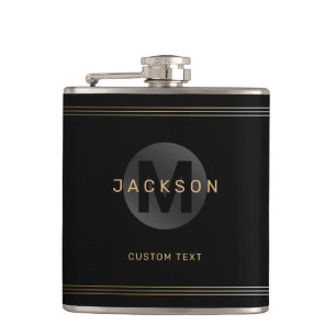 Black & gold modern simple personalized monogram hip flask