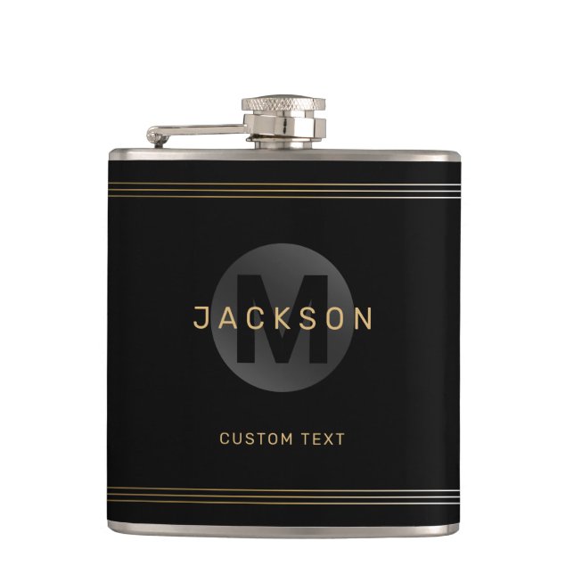 Black & gold modern simple personalized monogram hip flask (Front)