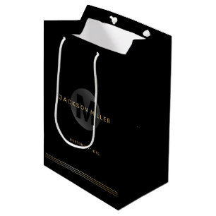 Black & gold modern simple personalized monogram medium gift bag