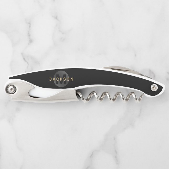 Black & gold modern simple personalized monogram w corkscrew (Front)