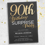 Black Gold Modern Surprise 90th Birthday Party Invitation<br><div class="desc">Black Gold Modern Surprise 90th Birthday Party Invitation. This invitation features a sleek design with clear, easy-to-read text, ensuring that all the important details are conveyed effortlessly. The addition of faux foil accents in dazzling gold against a backdrop of black creates a striking visual effect, adding a touch of luxury...</div>
