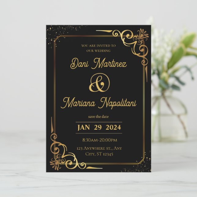 Black Gold Modern Wedding Invitation (Standing Front)