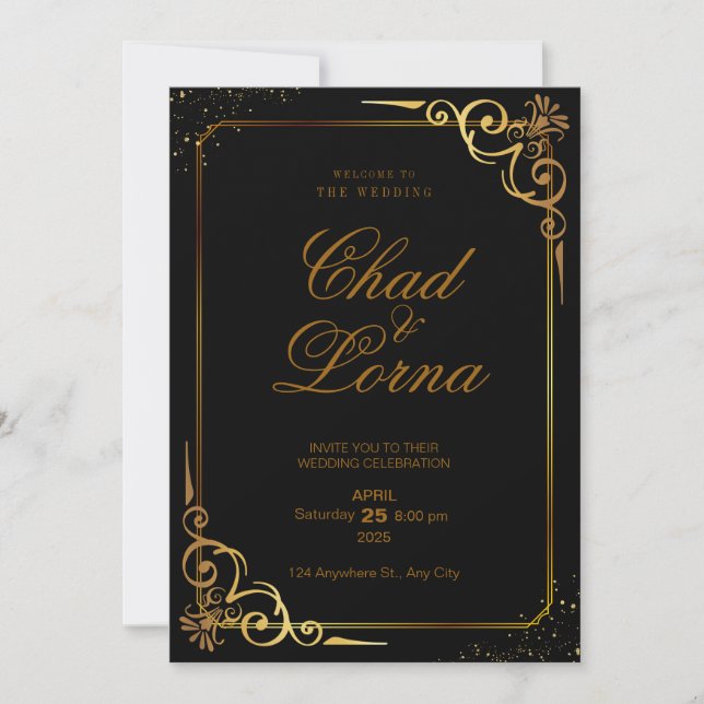 Black Gold Modern Wedding Invitation Card (Front)