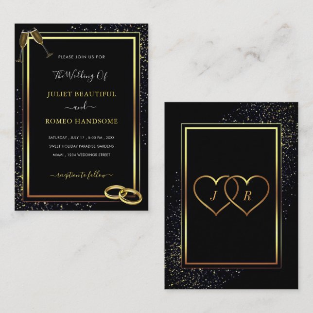 Black Gold Modern Wedding Invitation with Rings (Front/Back)