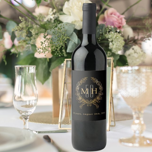 Black gold monogram 50th wedding anniversary wine label (Creator Uploaded)
