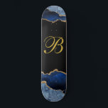 Black Gold Monogram Agate Skateboard<br><div class="desc">Gold monogram on black with blue black agate gold glitter edges. Glam style.</div>