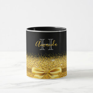 Black gold monogram bow mug