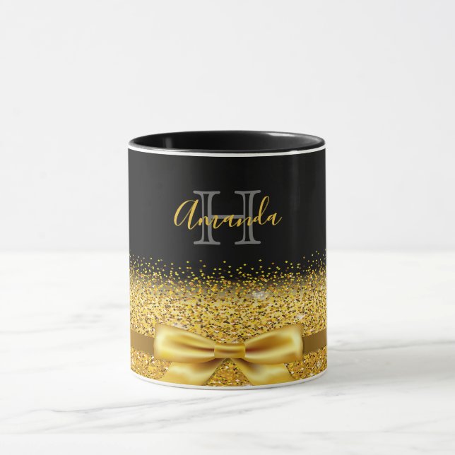 Black gold monogram bow mug (Center)