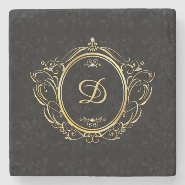 Black gold Monogram Classy design Stone Coaster (Front)