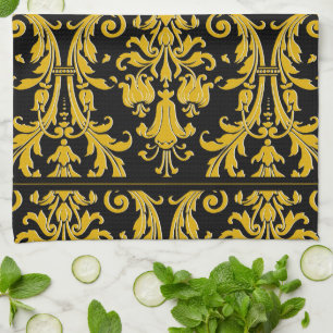 Black Gold Monogram Custom Name Floral Damask Kitchen Towel