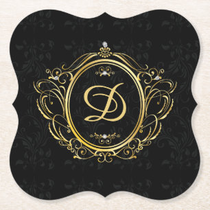 Black Gold monogram damask Paper Coaster