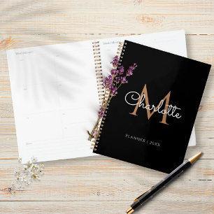 Black Gold Monogram Elegant Girly Script 2023 Planner