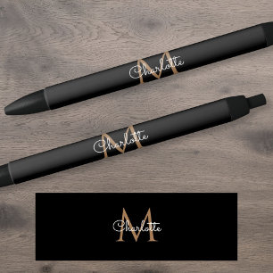 Black Gold Monogram Elegant Girly Script Black Ink Pen