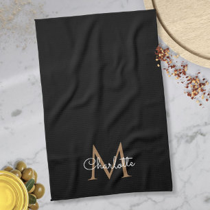 Black Gold Monogram Elegant Girly Script Kitchen Towel