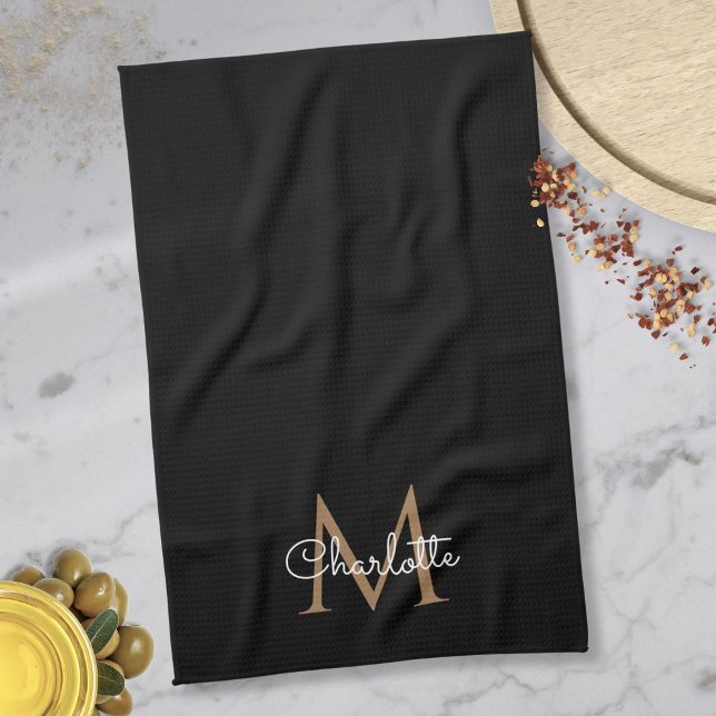 Black Gold Monogram Elegant Girly Script Kitchen Towel (Black Gold Monogram Elegant Girly Script Kitchen Towel)