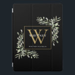Black Gold Monogram Elegant Greenery iPad Pro Cover<br><div class="desc">Elegant watercolor greenery leaves monogram name phone caase featuring a gold monogram initial on a chic black background. Designed by Thisisnotme©</div>