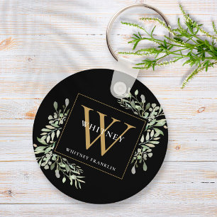 Black Gold Monogram Elegant Greenery Keychain