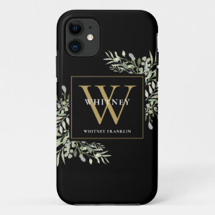 Black Gold Monogram Elegant Modern Greenery iPhone 11 Case