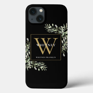 Black Gold Monogram Elegant Modern Greenery iPhone 13 Case