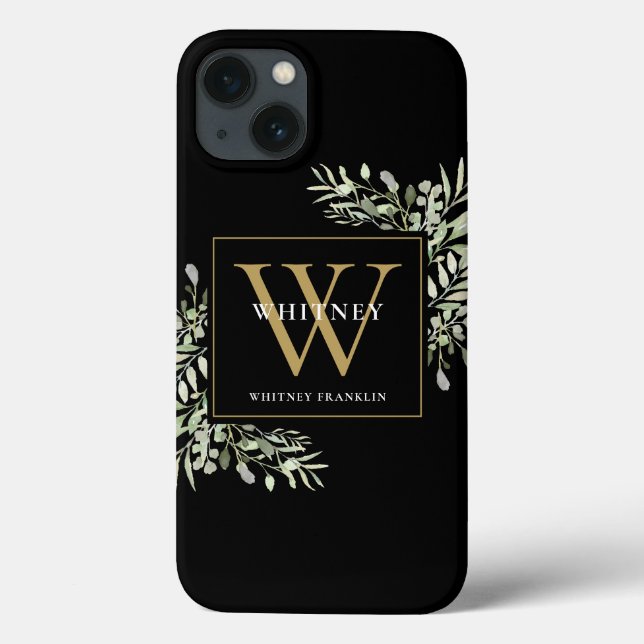 Black Gold Monogram Elegant Modern Greenery Case-Mate iPhone Case (Back)