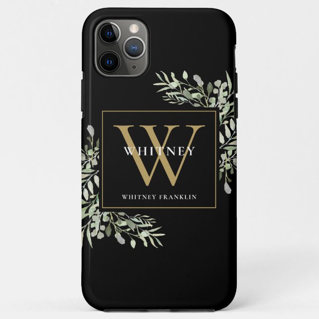 Black Gold Monogram Elegant Modern Greenery Case-Mate iPhone Case (Back)