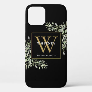 Black Gold Monogram Elegant Modern Greenery iPhone 12 Pro Case