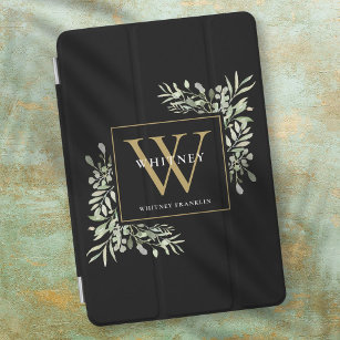 Black Gold Monogram Elegant Modern Greenery iPad Air Cover