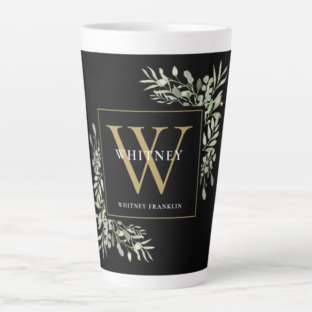 Black Gold Monogram Elegant Modern Greenery  Latte Mug (Front)