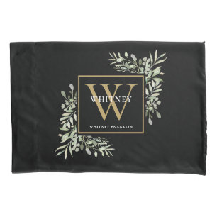 Black Gold Monogram Elegant Modern Greenery Pillowcase