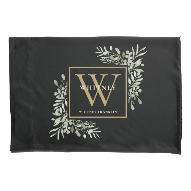 Black Gold Monogram Elegant Modern Greenery Pillowcase (Front)