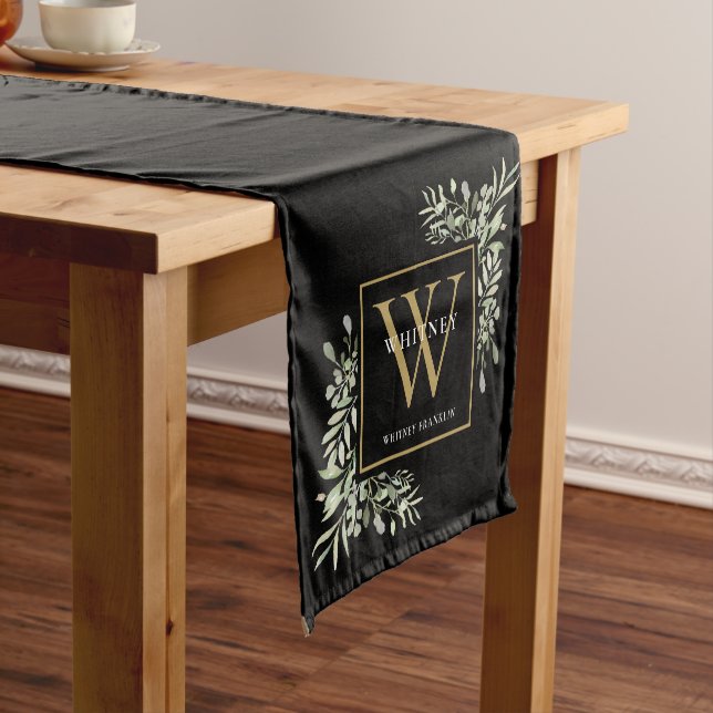 Black Gold Monogram Elegant Modern Greenery Short  Short Table Runner (In Situ)